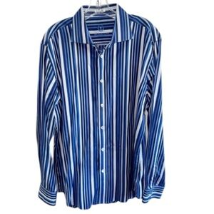 Bugatchi Uomo Shaped Fit Blue/White Stripe Cotton Shirt Sz XL Extra Long